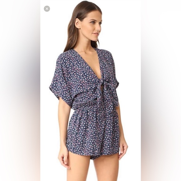 Rails Minka Tie Front V Neck Short Sleeve Mini Romper Blue/Pink Floral - Large - Picture 3 of 12